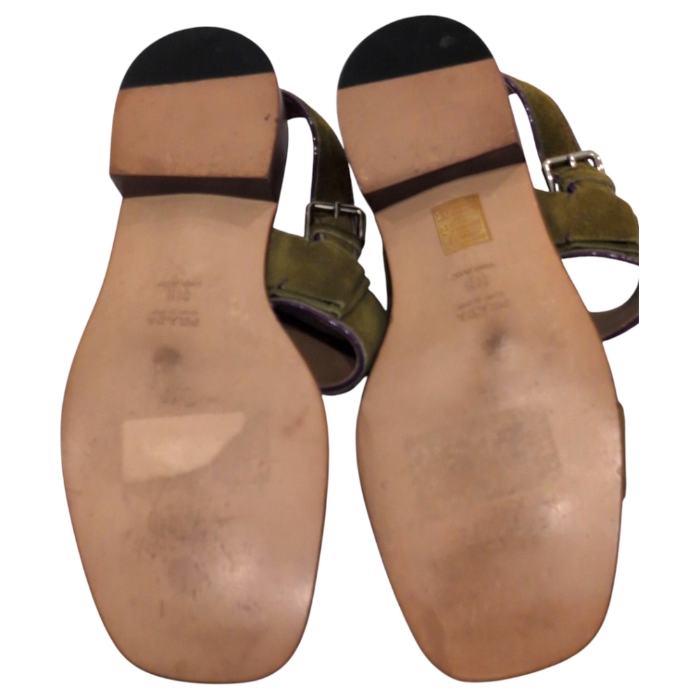 Prada Suede Slingback Buckle Sandals Stack Heels Size 39.5 Olive - Picture 2 of 8